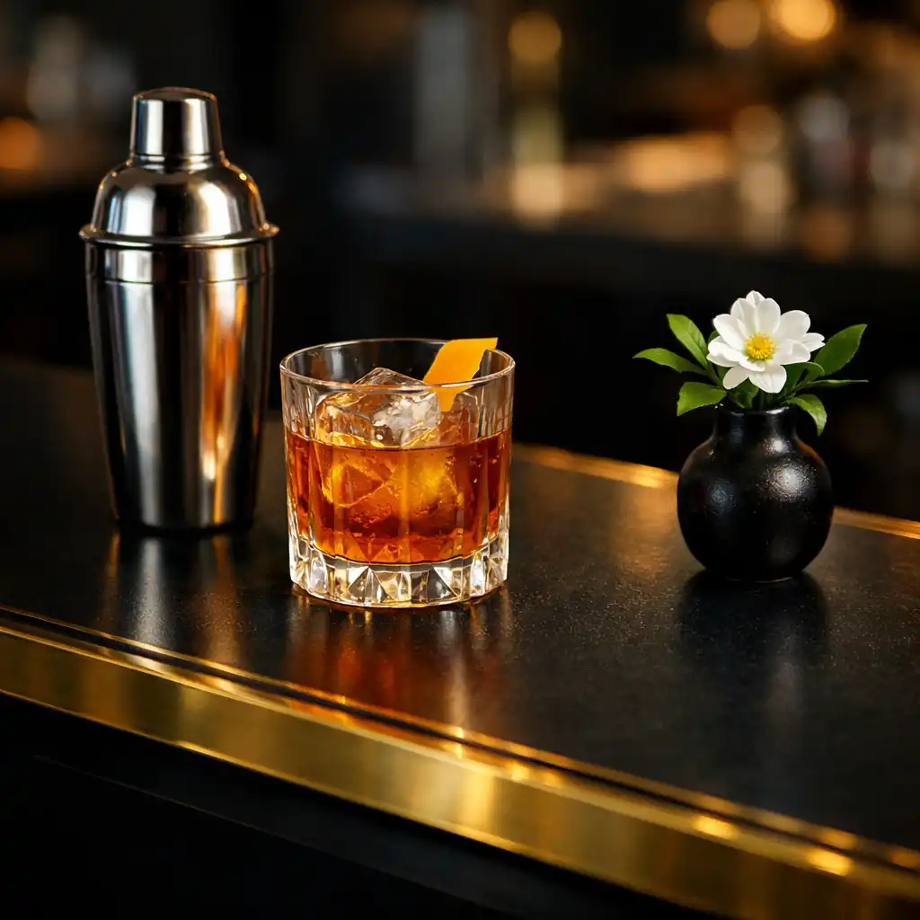 Bar counter detail with cocktail shaker, glass, and small vase