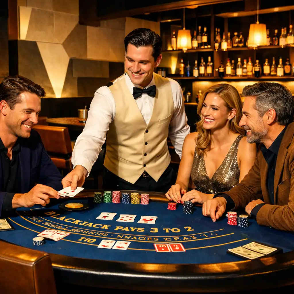 A blackjack table in a lounge area with a dealer and three smiling guests engaged in a game