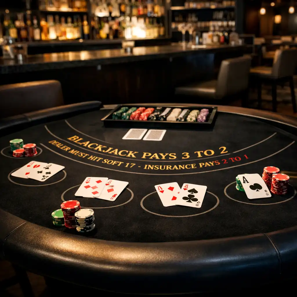 Blackjack table with black felt, betting spots, dealt cards, and stacks of chips