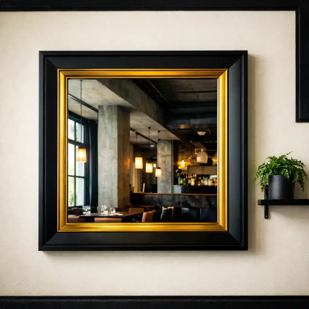 Black-framed mirror with gold border and small shelf with plant