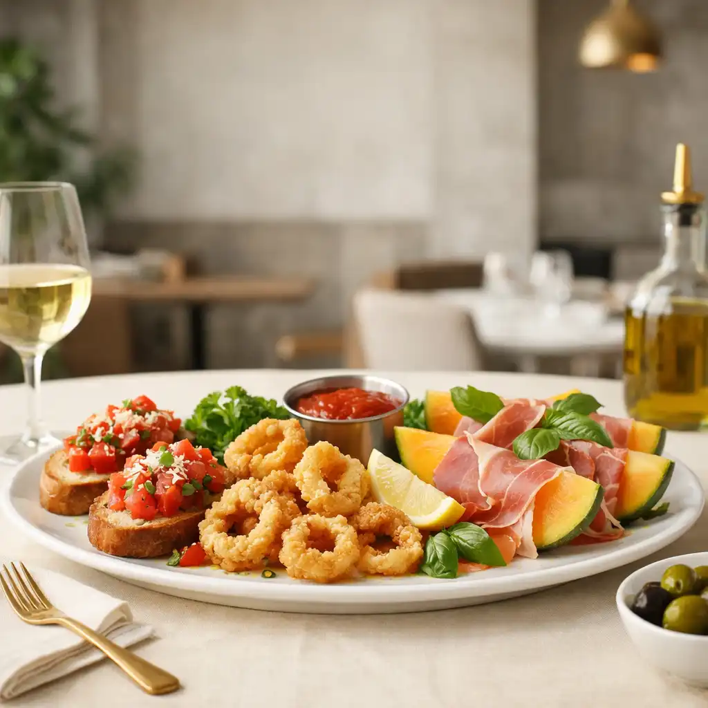 Table setting with a platter of antipasti including bruschetta, calamari, and prosciutto