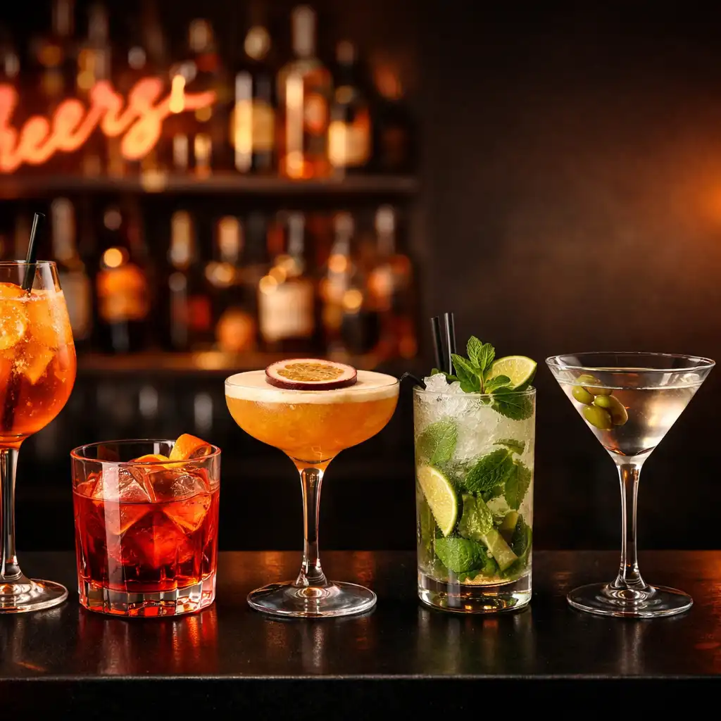 Bar area with a row of cocktails including Aperol spritz and negroni
