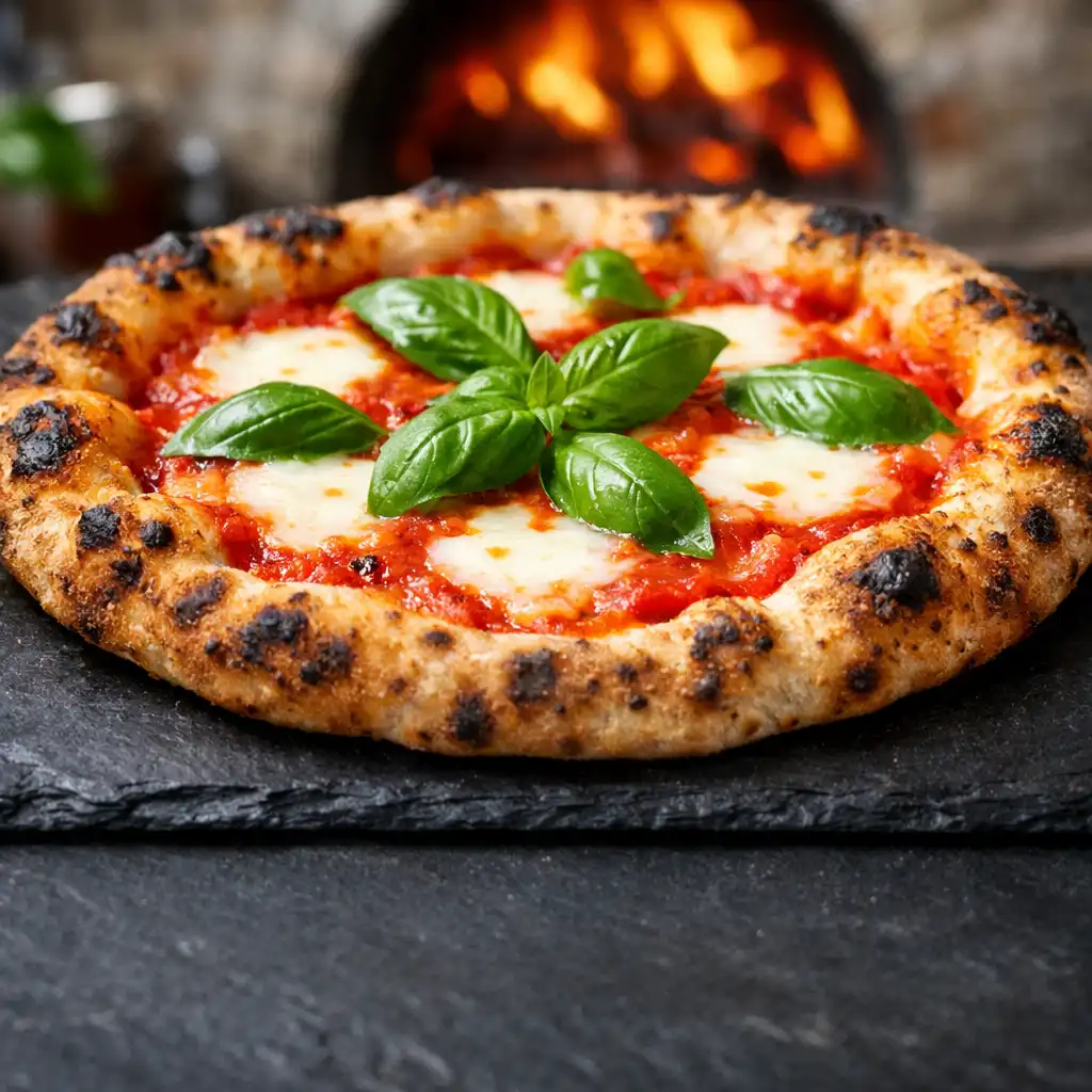 Close-up of a wood-fired margherita pizza with charred crust and fresh basil