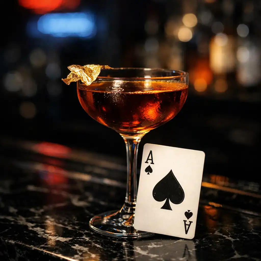 Cocktail on a black bar with a gold garnish and an ace of spades playing card