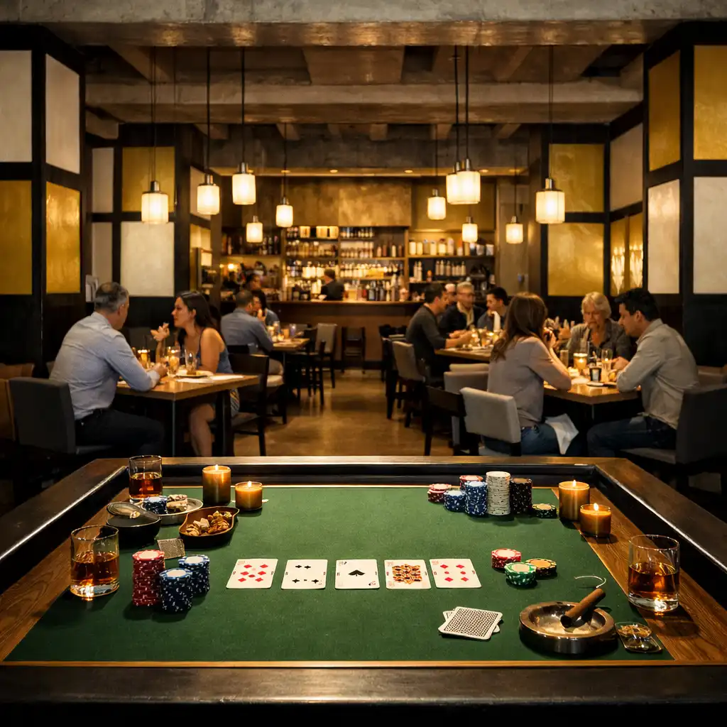 Wide view of the neo-brutalist dining room with a green felt table set for a table evening