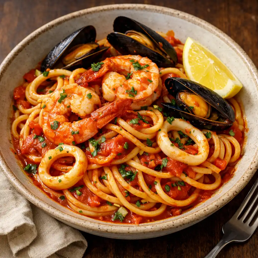 Spaghetti marinara with prawns, mussels, calamari, and lemon in a rustic bowl