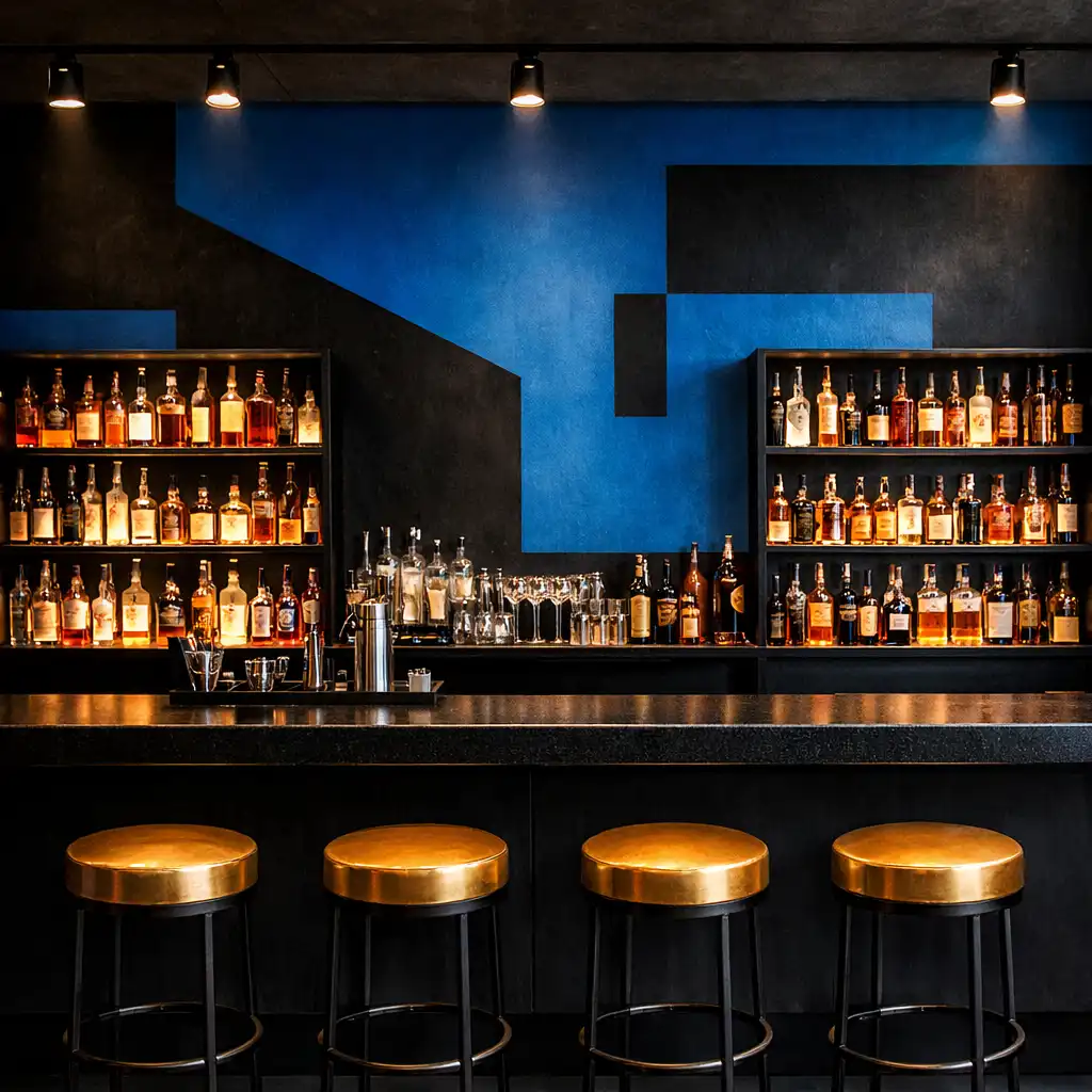 Bar counter with black surface, backlit shelves, and blue geometric wall