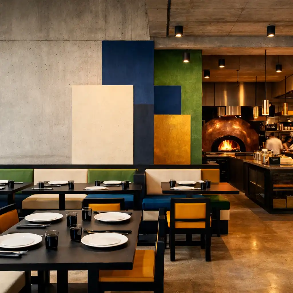 Neo-brutalist dining room with exposed concrete, colour blocks, and a wood-fired oven