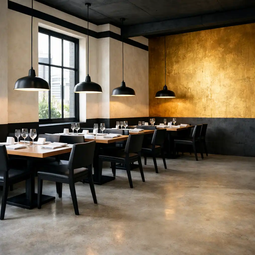 Main dining space with black chairs, white table settings, and a gold accent wall