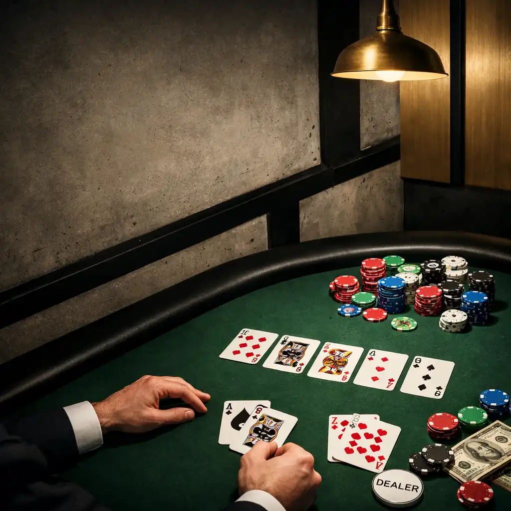 A top-down view of a poker table with playing cards, colourful chips, and a dealer's hands in a modern restaurant