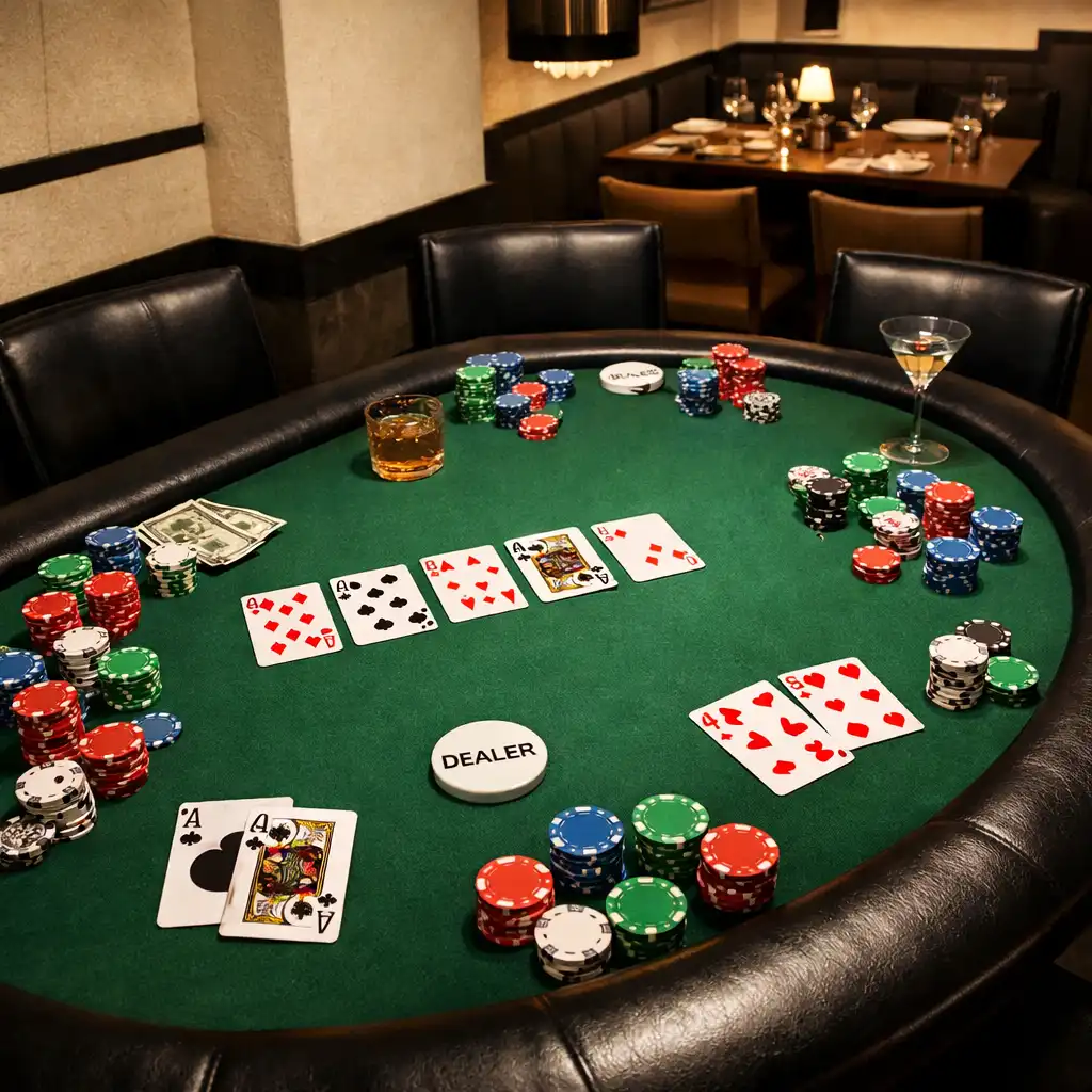 Oval poker table with green felt, playing cards, chips, and black leather chairs
