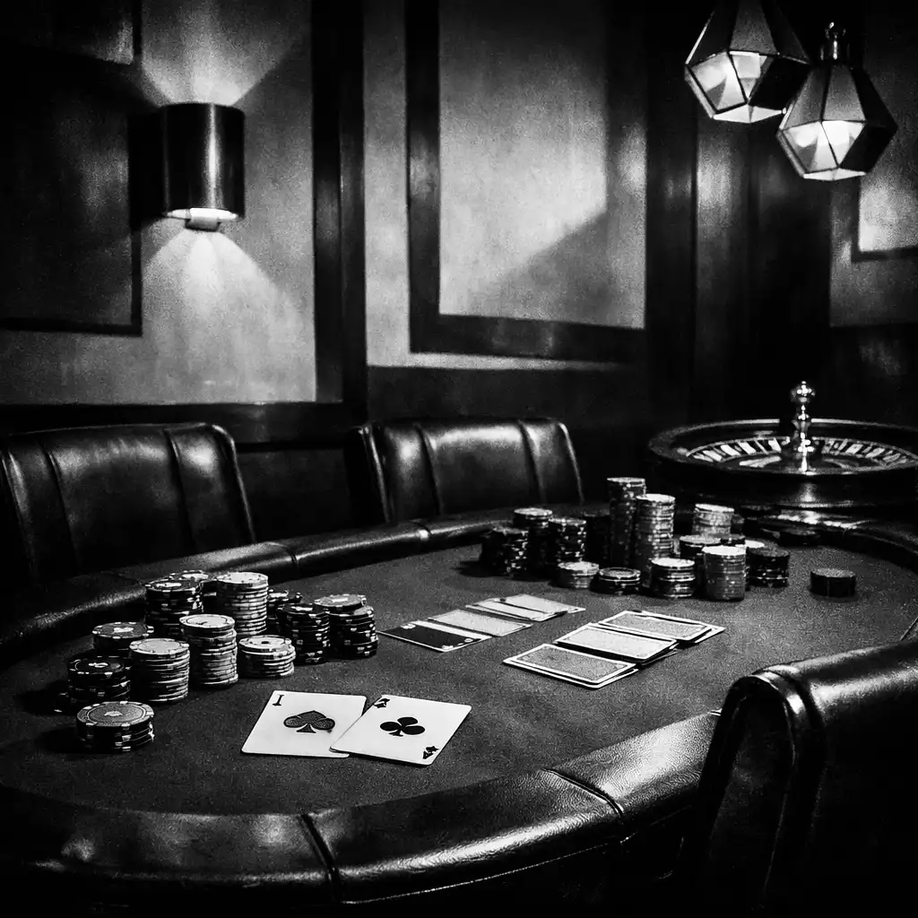 Casino-inspired poker table with chips, cards, and a roulette wheel in a private dining room