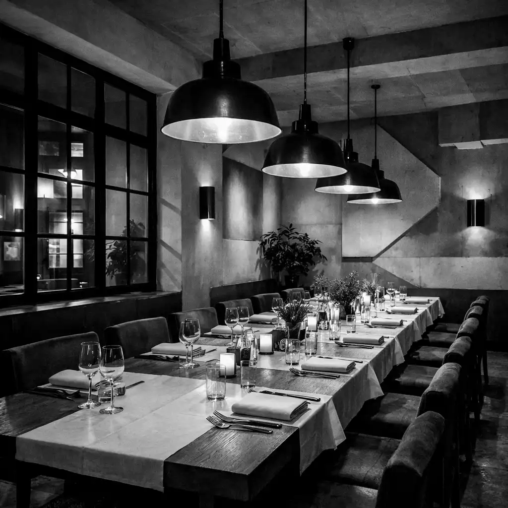 Spacious private dining room with long wooden tables, white linens, and warm industrial lighting