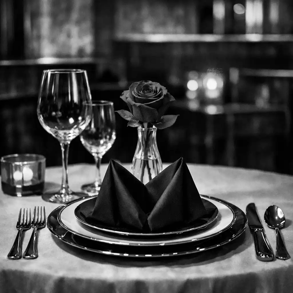 Elegant private dining table setting with gold-rimmed plates, black napkins, and a red rose