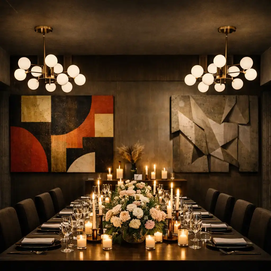 Private dining room with long wooden table, black chairs, and a large gold art piece