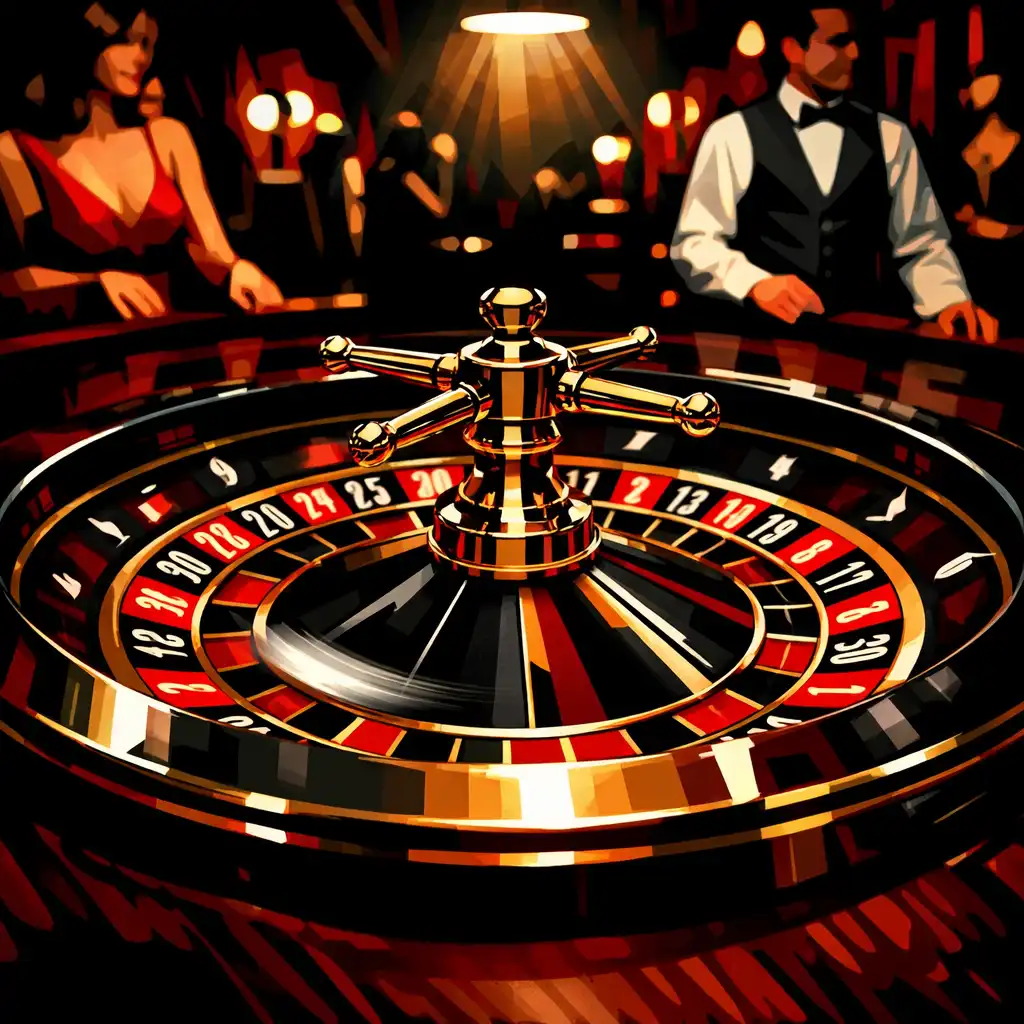 A close-up of a roulette wheel spinning on a dark wooden table in a stylish restaurant setting