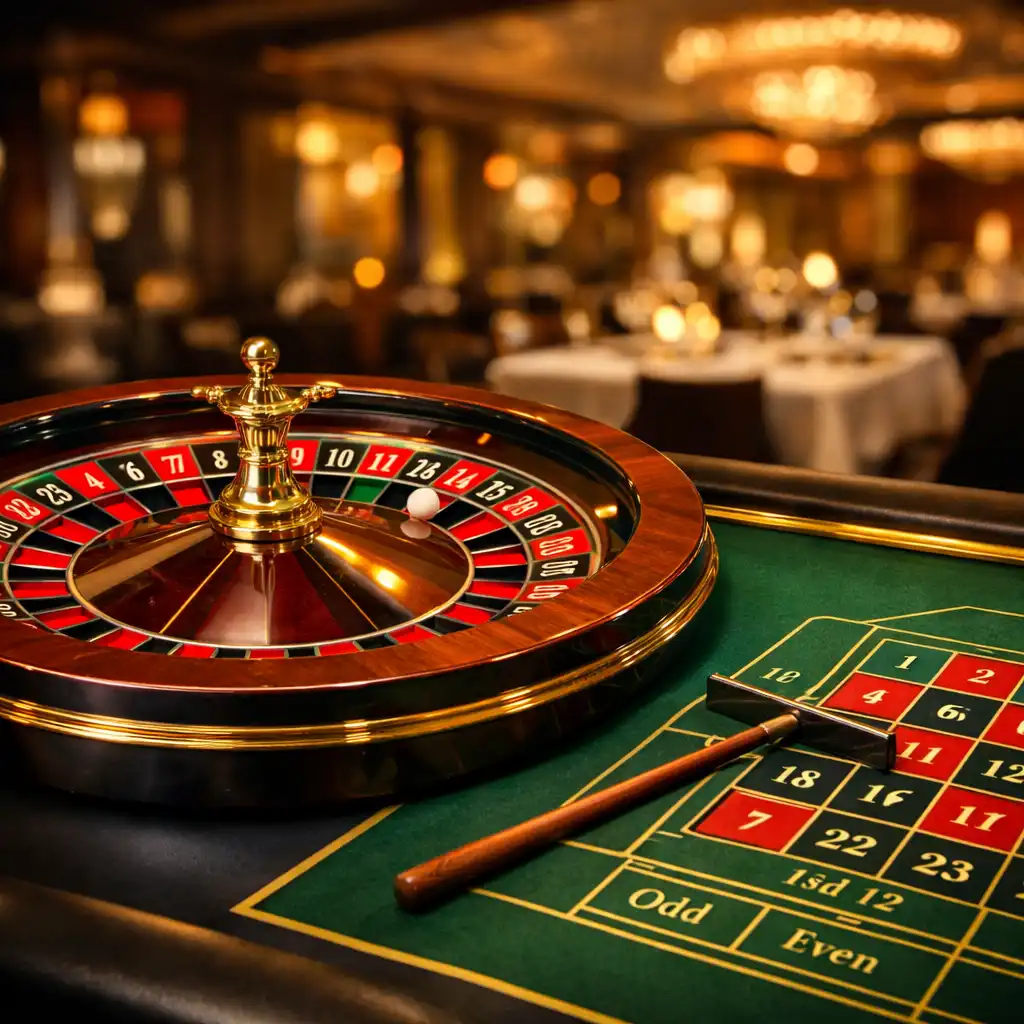 Roulette table with red and black wheel, green felt layout, and gold trim