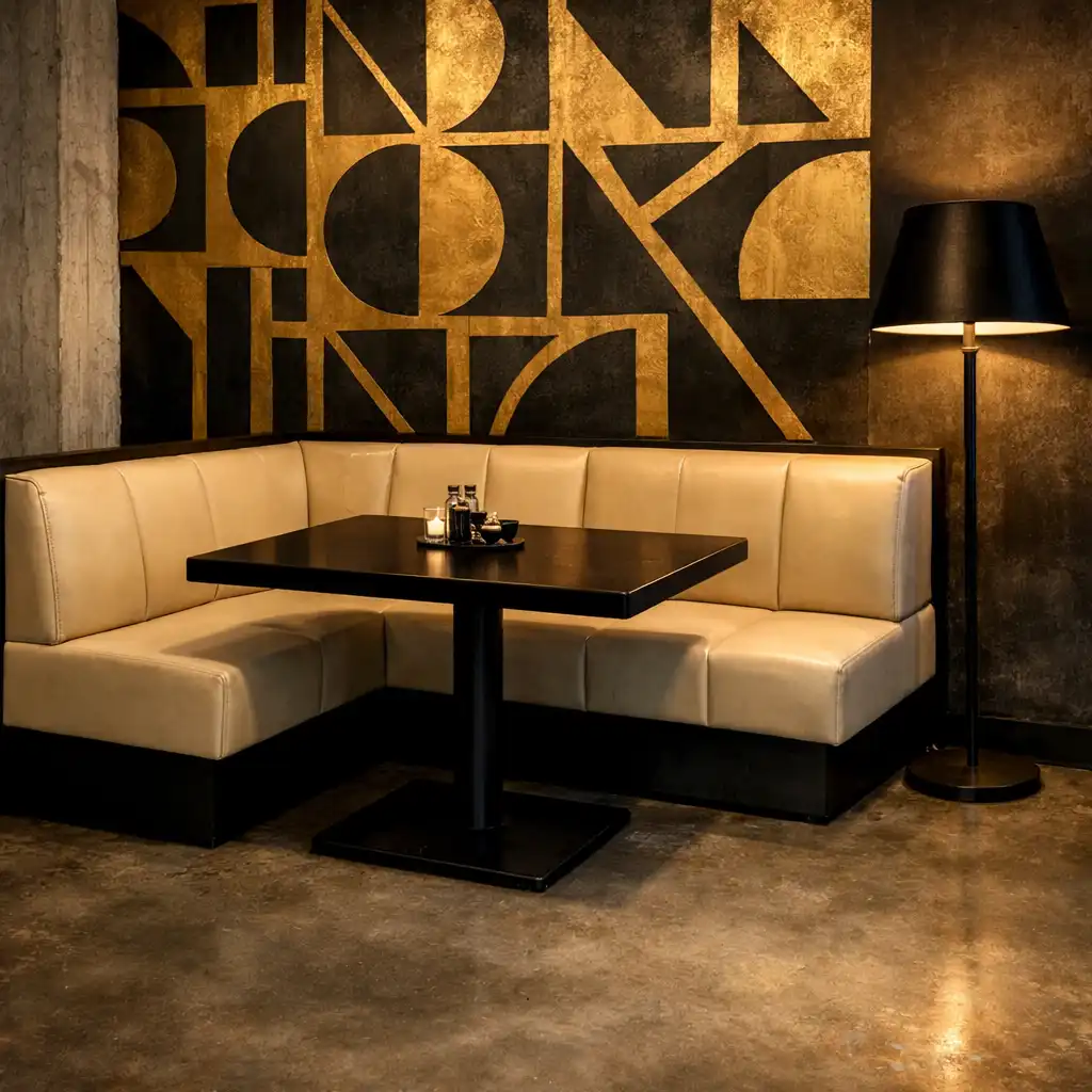 Booth seating with cream leather, black table, and geometric gold and black wall