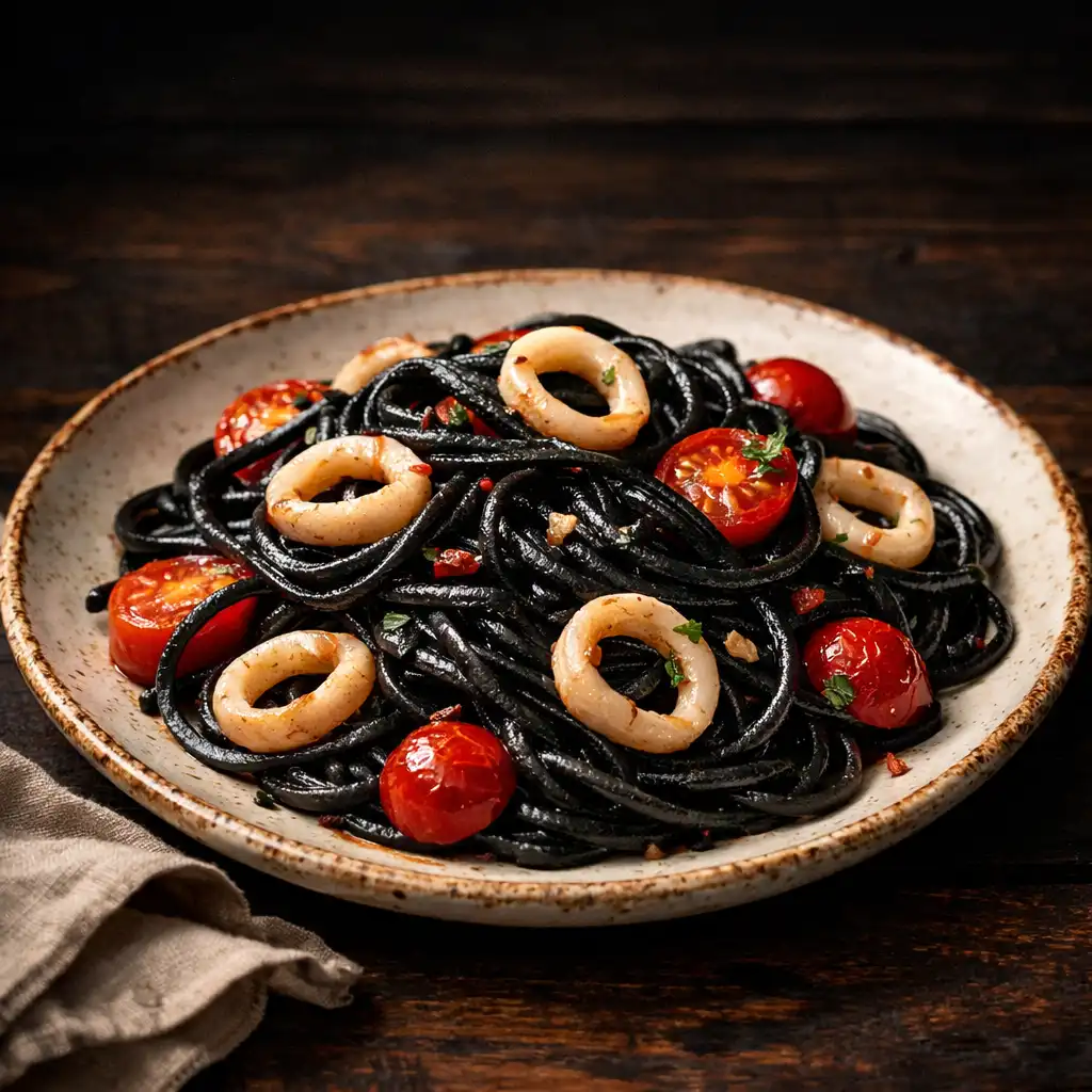 Spaghetti al Nero di Seppia with squid ink sauce, calamari, and cherry tomatoes
