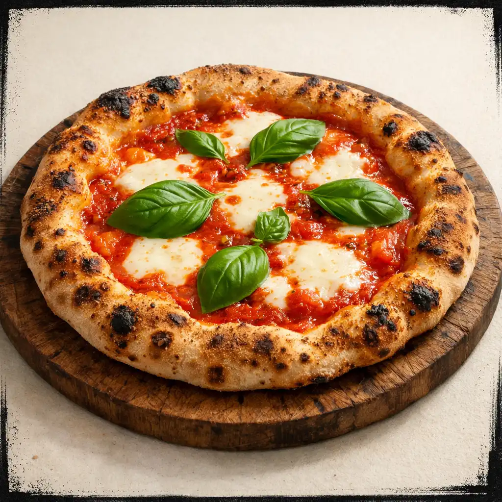 Wood-fired margherita pizza with blistered crust, tomato sauce, fior di latte, and fresh basil
