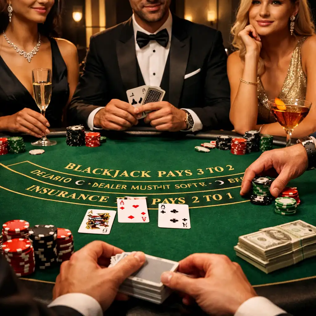 Blackjack table with green felt, playing cards, and chips in a stylish neo-brutalist restaurant